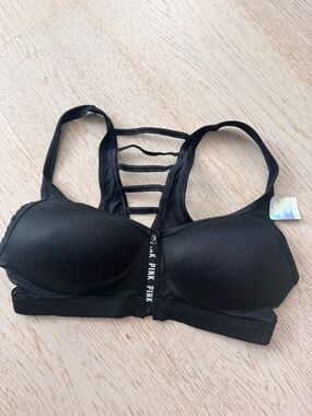 PINK Victoria's Secret Black Front-Zip Strappy Sports Bra - NWT